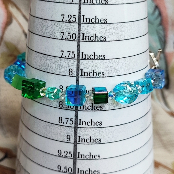 Cube Crystal Glass Ocean Blue Azure Green Faceted AB Signed 925 Toggle Bracelet - Picture 1 of 7